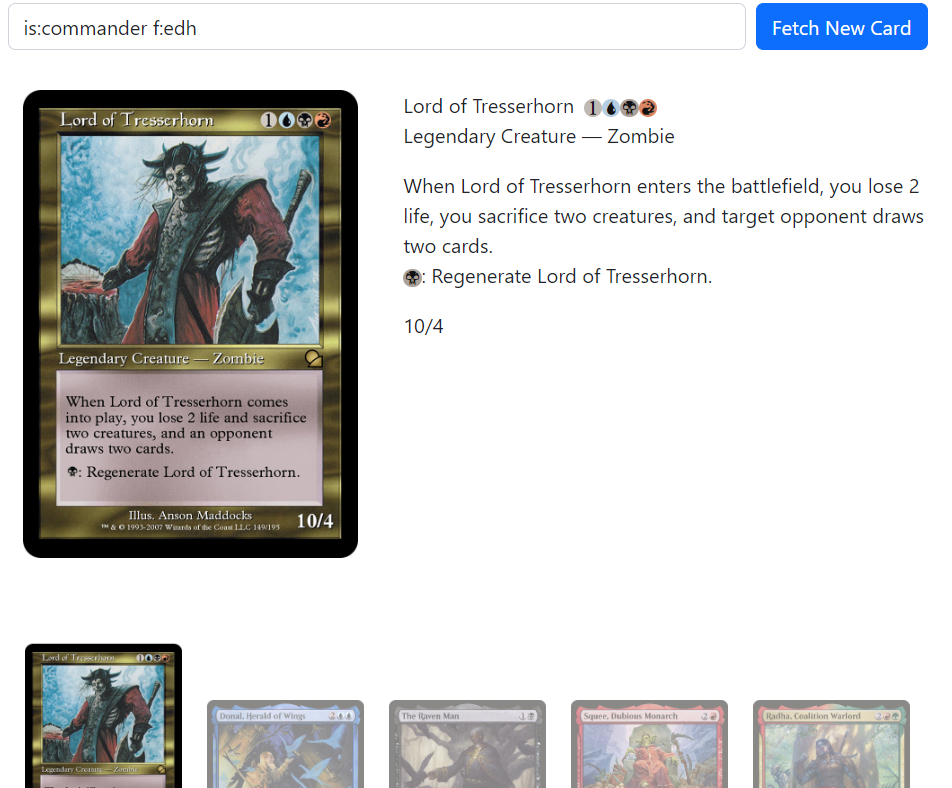 screenshot of search form, preview of Magic
The Gathering card, and row of greyed out cards indicating deselection